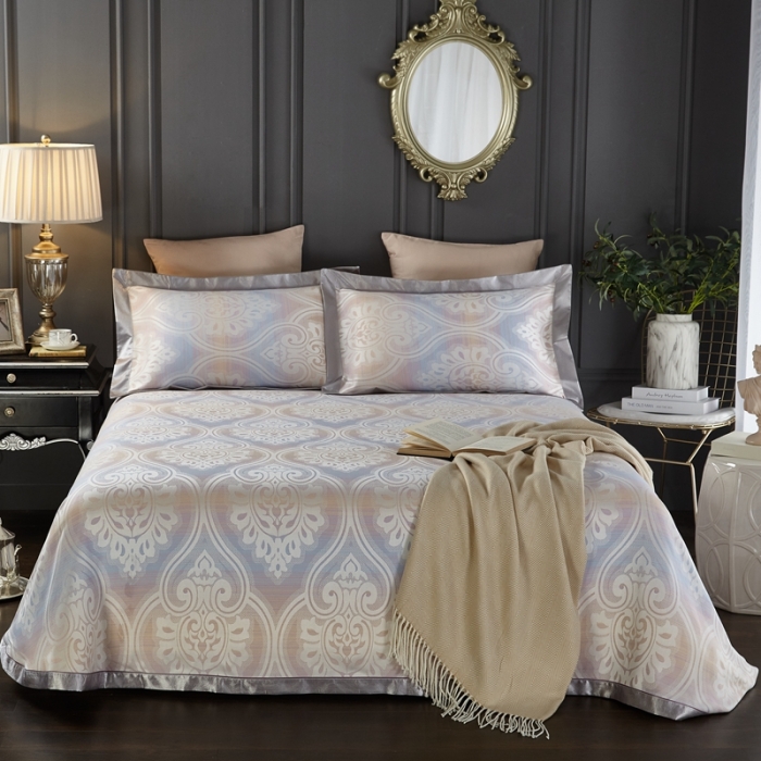 91家纺网 家纺一手货源 找家纺 威克凯丽2022款重磅七彩大提花纯竹纤维软凉席三件套莱茵河畔