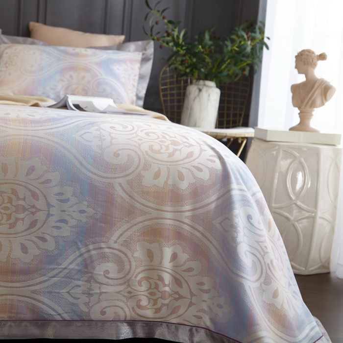 91家纺网 家纺一手货源 找家纺 威克凯丽2022款重磅七彩大提花纯竹纤维软凉席三件套莱茵河畔