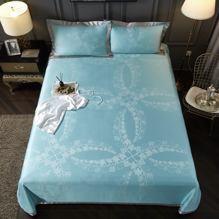 91家纺网 家纺一手货源 找家纺 威克凯丽2022款重磅七彩大提花纯竹纤维软凉席三件套尼桑-绿