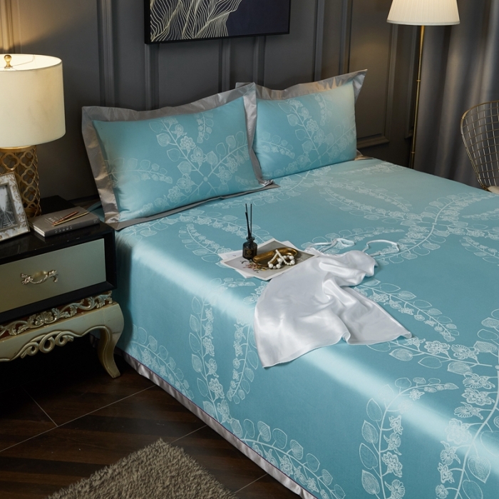 91家纺网 家纺一手货源 找家纺 威克凯丽2022款重磅七彩大提花纯竹纤维软凉席三件套尼桑-绿