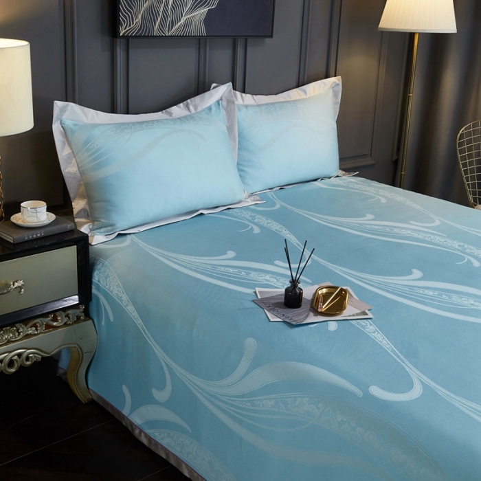 91家纺网 家纺一手货源 找家纺 威克凯丽2023新款重磅七彩大提花纯竹纤维软凉席三件套欧时列