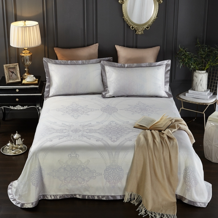 91家纺网 家纺一手货源 找家纺 威克凯丽2023新款重磅七彩大提花纯竹纤维软凉席三件套佩霖卡