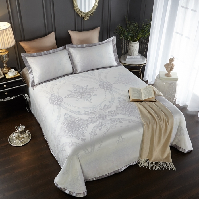 91家纺网 家纺一手货源 找家纺 威克凯丽2023新款重磅七彩大提花纯竹纤维软凉席三件套佩霖卡