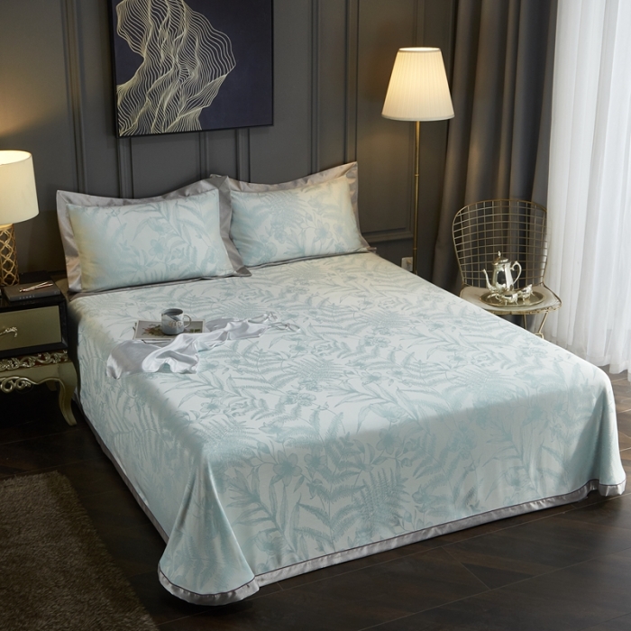 91家纺网 家纺一手货源 找家纺 威克凯丽 2023新款重磅七彩大提花纯竹纤维软凉席三件套叶媚