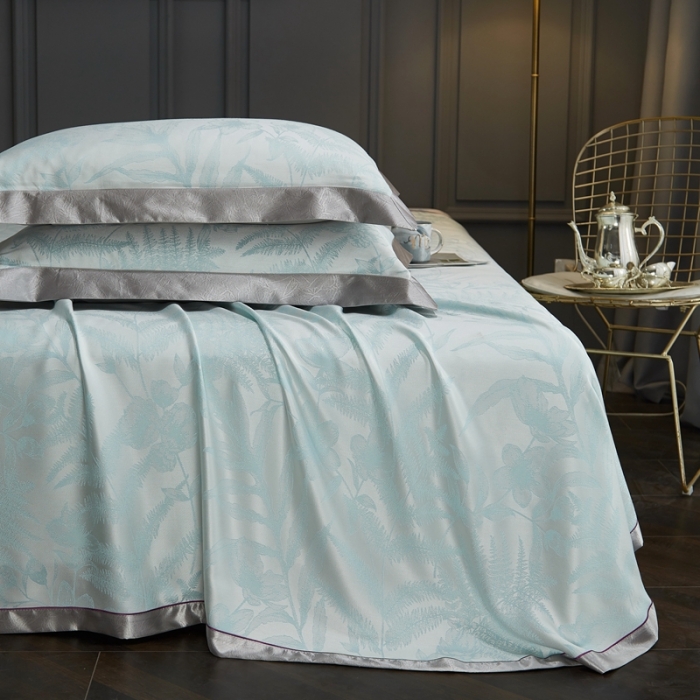 91家纺网 家纺一手货源 找家纺 威克凯丽 2023新款重磅七彩大提花纯竹纤维软凉席三件套叶媚