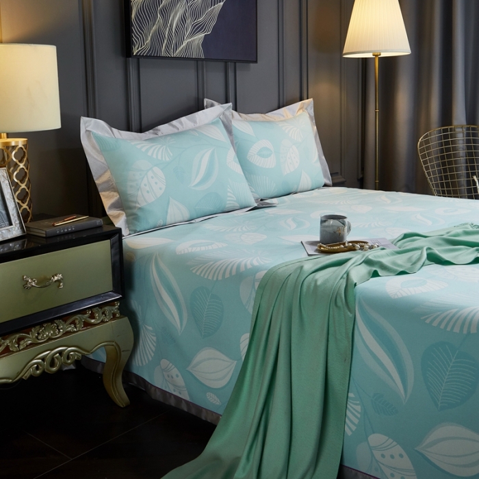 91家纺网 家纺一手货源 找家纺 威克凯丽2022重磅七彩大提花纯竹纤维软凉席三件套叶语谣香绿