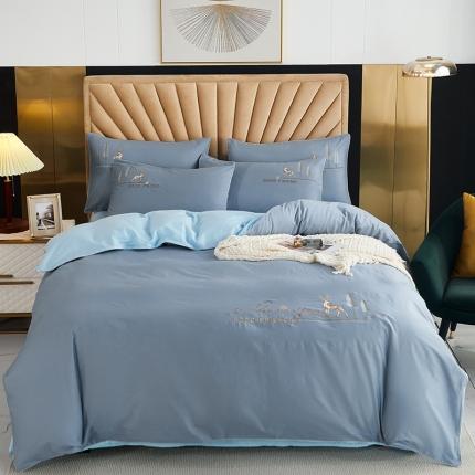 91家纺网 家纺一手货源 找家纺 金窝窝家纺 2024新款纯棉绣花四件套 福鹿相伴天空蓝