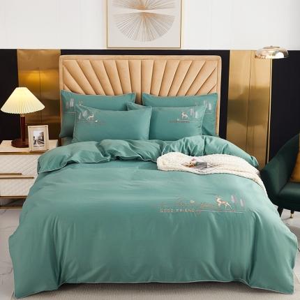 91家纺网 家纺一手货源 找家纺 金窝窝家纺 2024新款纯棉绣花四件套 福鹿相伴松石青