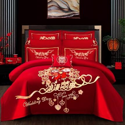 91家纺网 家纺一手货源 找家纺 甜咪咪 2021新款大红婚庆磨毛系列四件套浪漫喜事