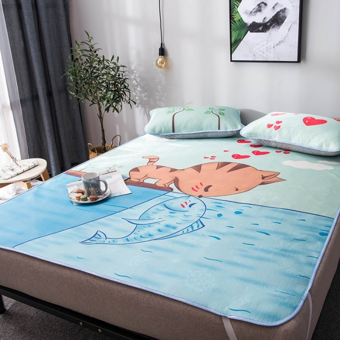 91家纺网 家纺一手货源 找家纺 印季 2021新款数码印花大版冰丝席 猫鱼恋