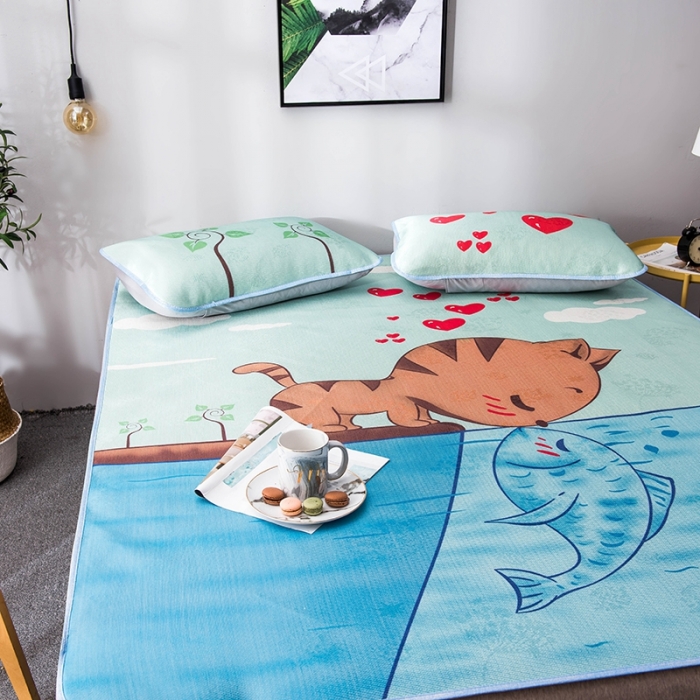 91家纺网 家纺一手货源 找家纺 印季 2021新款数码印花大版冰丝席 猫鱼恋