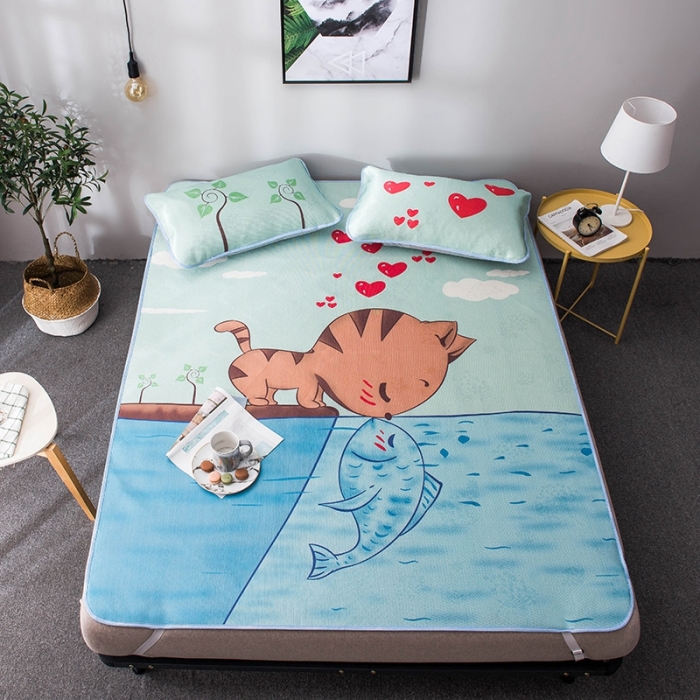 91家纺网 家纺一手货源 找家纺 印季 2021新款数码印花大版冰丝席 猫鱼恋