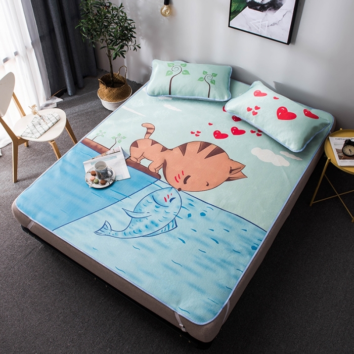 91家纺网 家纺一手货源 找家纺 印季 2021新款数码印花大版冰丝席 猫鱼恋