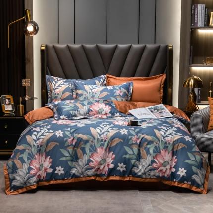 91家纺网 家纺一手货源 找家纺 轻奢风水洗天丝全m小清新韩版四件套水洗真丝套件 繁花似锦-桔