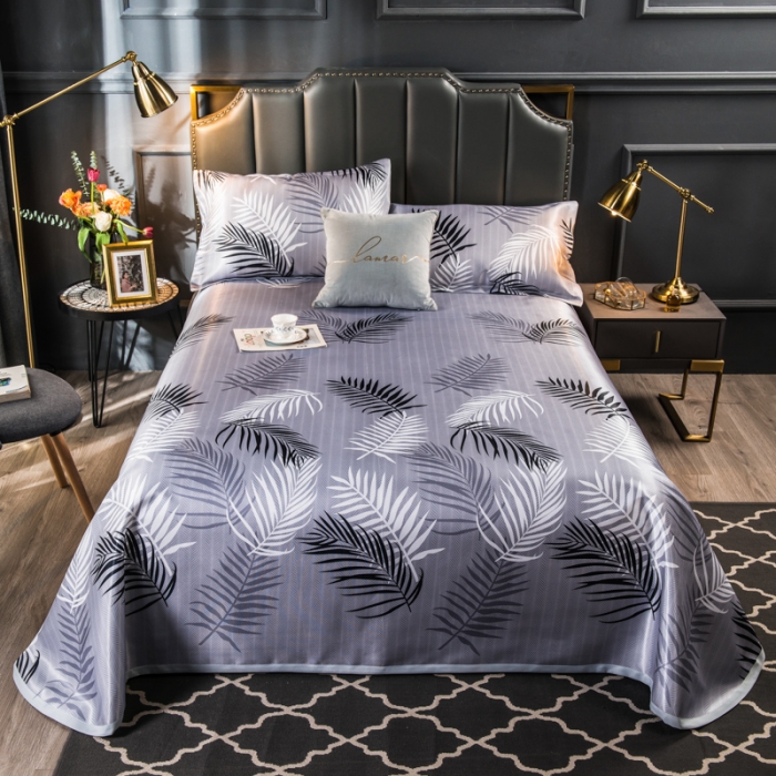 91家纺网 家纺一手货源 找家纺 玖玖爱 2021新款床单款冰丝凉席三件套 富贵叶-灰