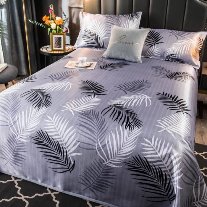 91家纺网 家纺一手货源 找家纺 玖玖爱 2021新款床单款冰丝凉席三件套 富贵叶-灰