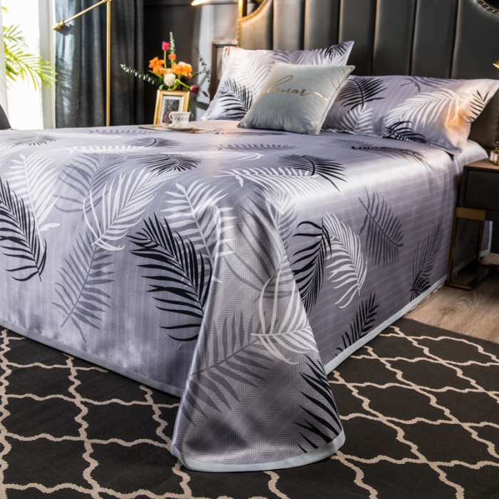 91家纺网 家纺一手货源 找家纺 玖玖爱 2021新款床单款冰丝凉席三件套 富贵叶-灰