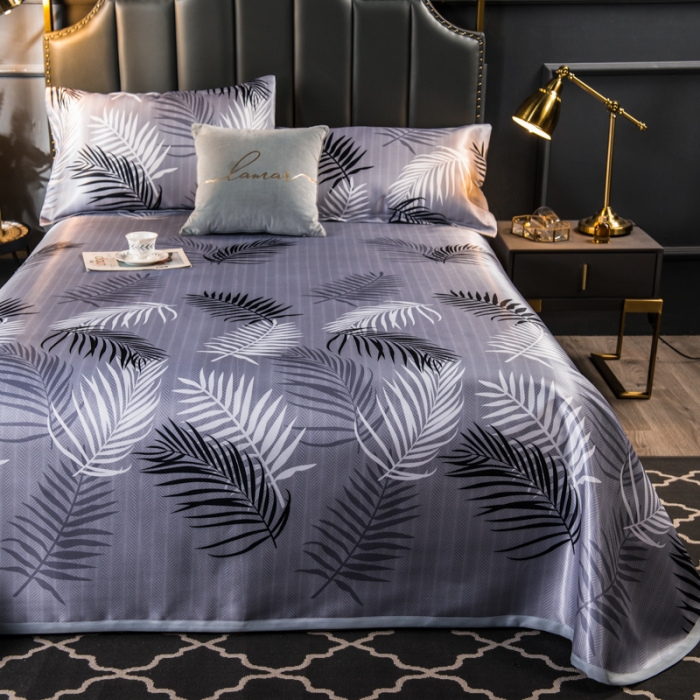 91家纺网 家纺一手货源 找家纺 玖玖爱 2021新款床单款冰丝凉席三件套 富贵叶-灰