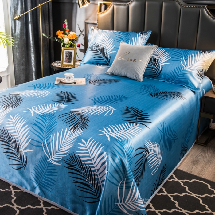 91家纺网 家纺一手货源 找家纺 玖玖爱 2021新款床单款冰丝凉席三件套 富贵叶-蓝