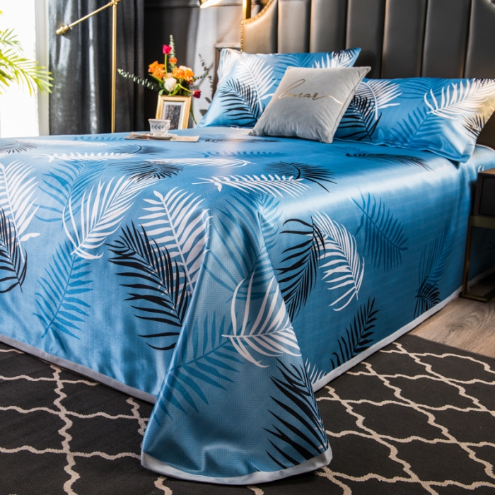 91家纺网 家纺一手货源 找家纺 玖玖爱 2021新款床单款冰丝凉席三件套 富贵叶-蓝