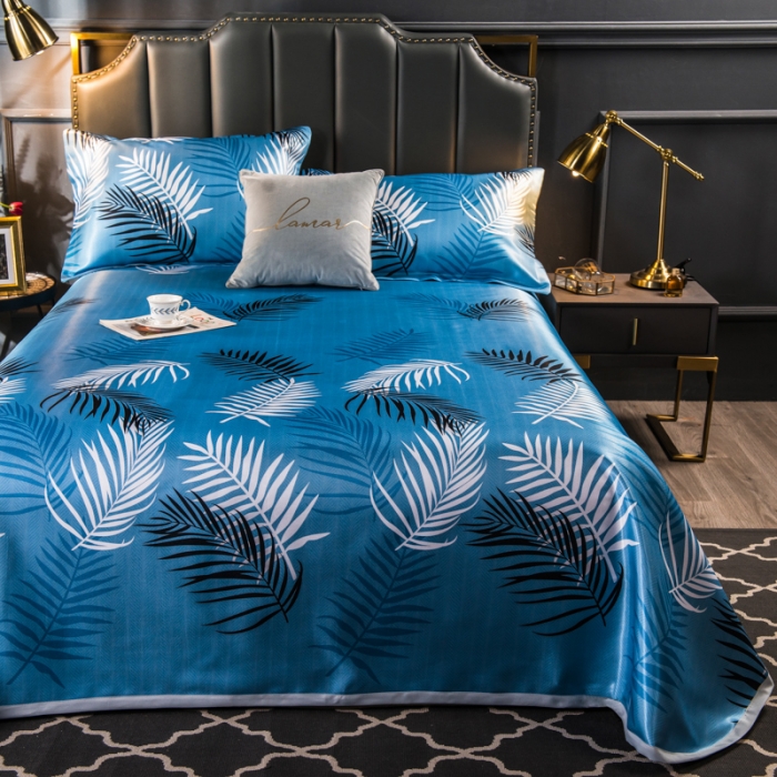 91家纺网 家纺一手货源 找家纺 玖玖爱 2021新款床单款冰丝凉席三件套 富贵叶-蓝