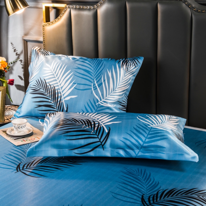 91家纺网 家纺一手货源 找家纺 玖玖爱 2021新款床单款冰丝凉席三件套 富贵叶-蓝