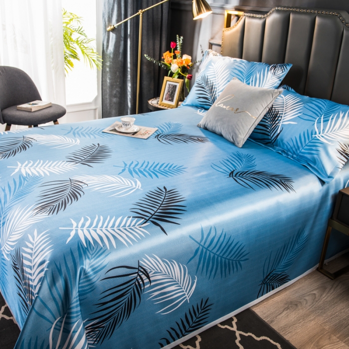 91家纺网 家纺一手货源 找家纺 玖玖爱 2021新款床单款冰丝凉席三件套 富贵叶-蓝