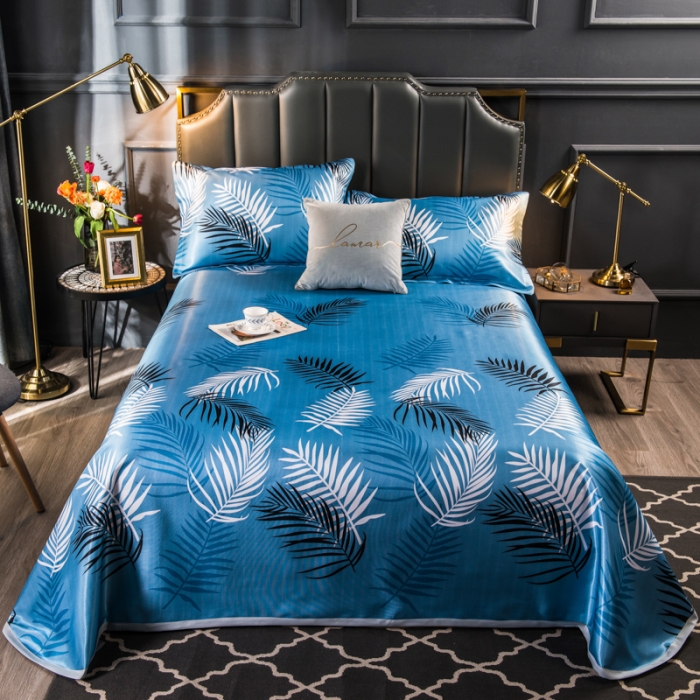 91家纺网 家纺一手货源 找家纺 玖玖爱 2021新款床单款冰丝凉席三件套 富贵叶-蓝