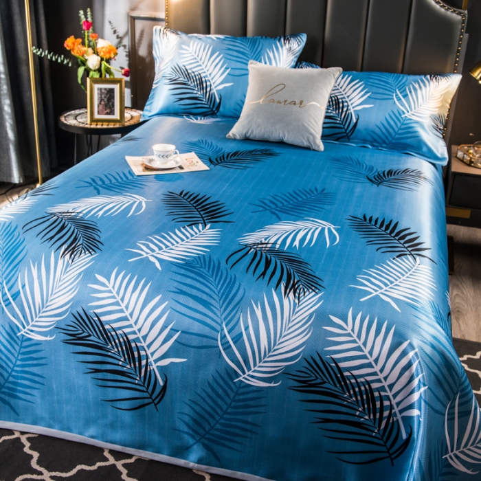 91家纺网 家纺一手货源 找家纺 玖玖爱 2021新款床单款冰丝凉席三件套 富贵叶-蓝