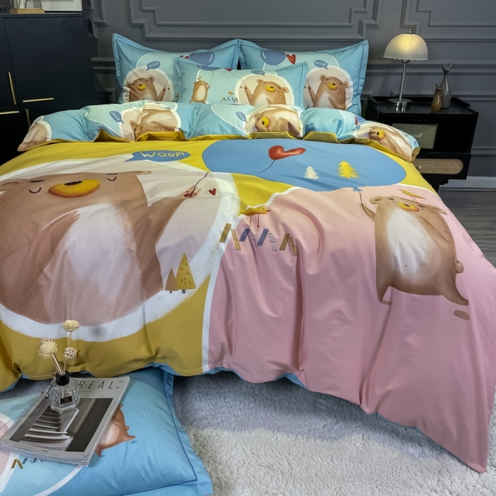 91家纺网 家纺一手货源 找家纺 金爱家 2021新款13372大版全棉卡通四件套 小萌熊