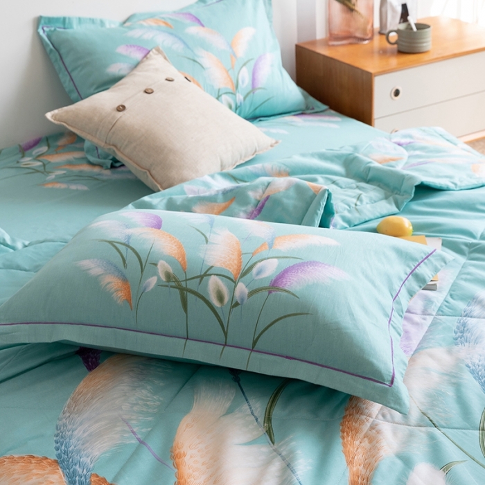 91家纺网 家纺一手货源 找家纺 金爱家 2021新款全棉夏被四件套 穗禾绿