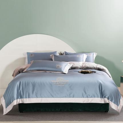 91家纺网 家纺一手货源 找家纺 鼎飞2021新款长绒棉绣花四件套-菁蓝+青灰