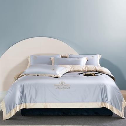 91家纺网 家纺一手货源 找家纺 鼎飞2021新款长绒棉绣花四件套-密蓝+香槟