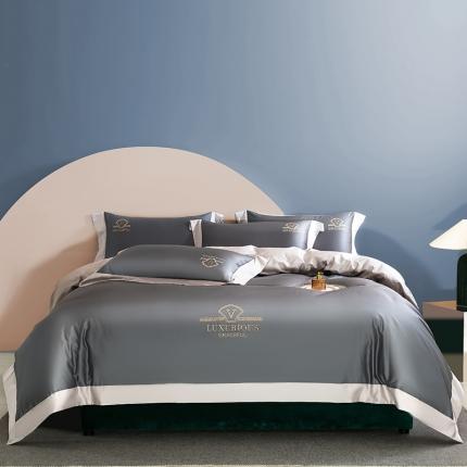 91家纺网 家纺一手货源 找家纺 鼎飞2021新款长绒棉绣花四件套-绅灰+香槟