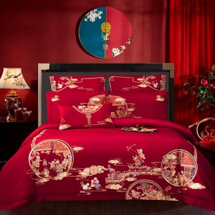 91家纺网 家纺一手货源 找家纺 振翼 2025新款40s全棉丝光喷气婚庆四件套多件套百子闹喜