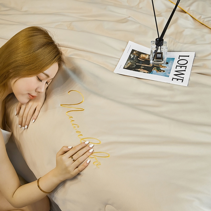 91家纺网 家纺一手货源 找家纺 啊雅 2025新款水洗冰丝夏被四件套 卡其色