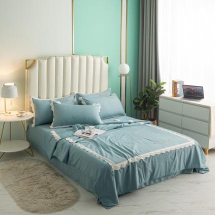 安妮家居  2021新款法式仙女风水洗刺绣夏被四件套 宾利蓝