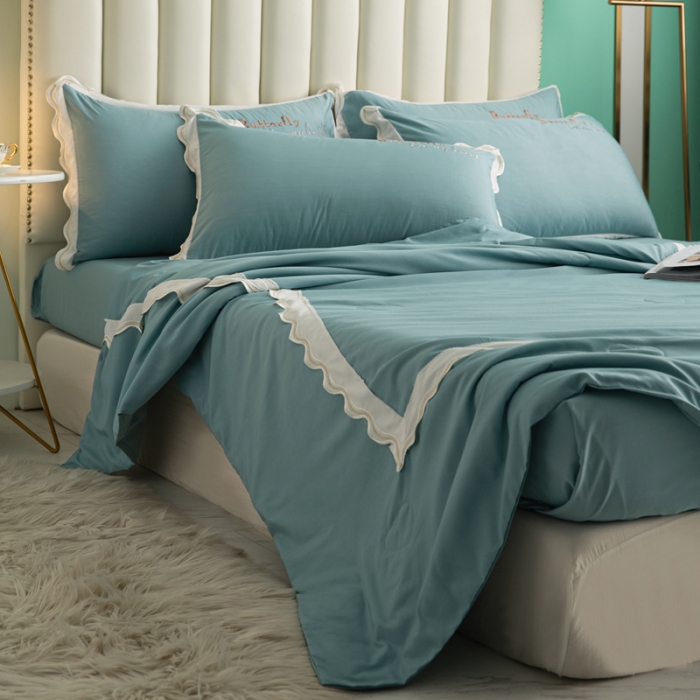 91家纺网 家纺一手货源 找家纺 安妮家居  2021新款法式仙女风水洗刺绣夏被四件套 宾利蓝