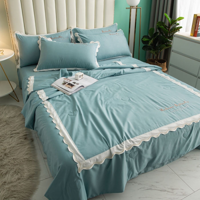 91家纺网 家纺一手货源 找家纺 安妮家居  2021新款法式仙女风水洗刺绣夏被四件套 宾利蓝