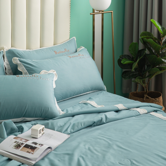 91家纺网 家纺一手货源 找家纺 安妮家居  2021新款法式仙女风水洗刺绣夏被四件套 宾利蓝