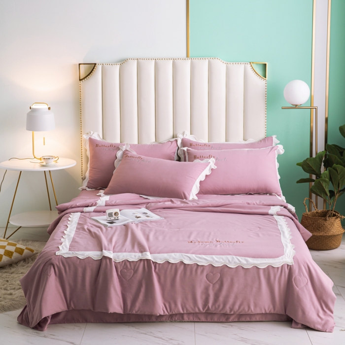 91家纺网 家纺一手货源 找家纺 安妮家居  2021新款法式仙女风水洗刺绣夏被四件套 豆沙