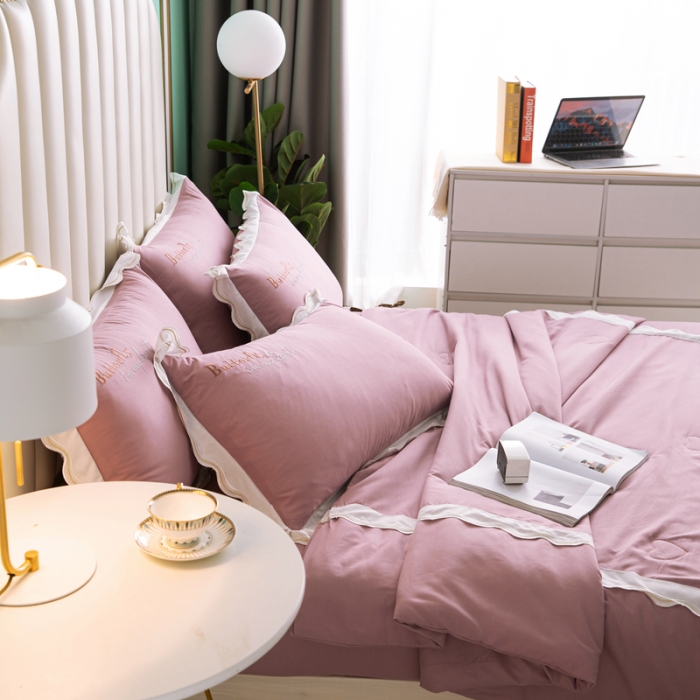 91家纺网 家纺一手货源 找家纺 安妮家居  2021新款法式仙女风水洗刺绣夏被四件套 豆沙