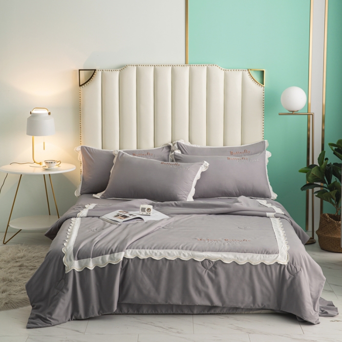 91家纺网 家纺一手货源 找家纺 安妮家居  2021新款法式仙女风水洗刺绣夏被四件套 爵士灰