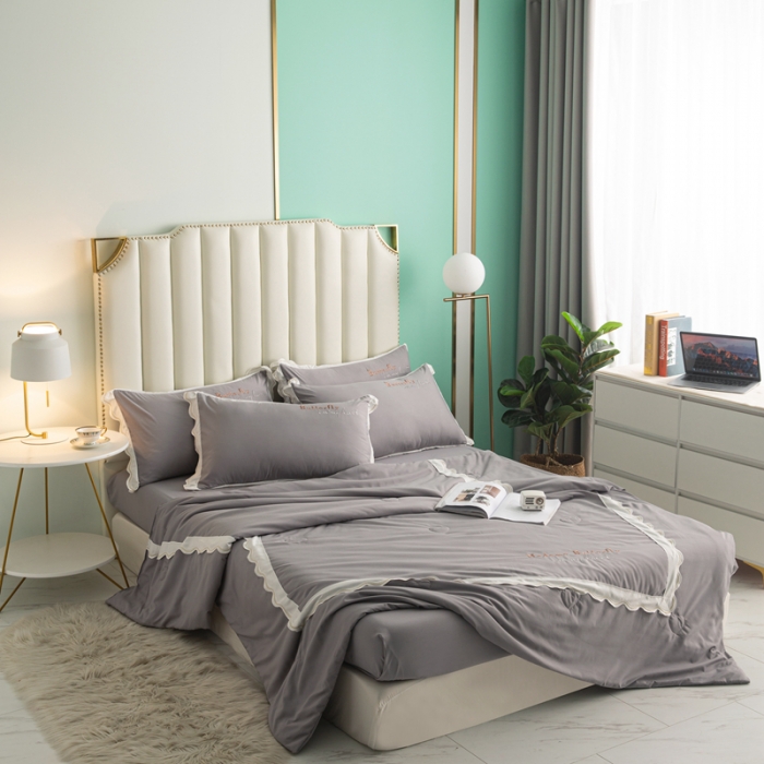 91家纺网 家纺一手货源 找家纺 安妮家居  2021新款法式仙女风水洗刺绣夏被四件套 爵士灰