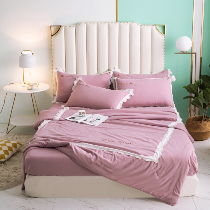 91家纺网 家纺一手货源 找家纺 安妮家居  2021新款法式仙女风水洗刺绣夏被四件套 豆沙