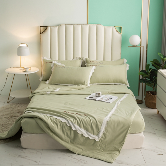 91家纺网 家纺一手货源 找家纺 安妮家居  2021新款法式仙女风水洗刺绣夏被四件套 清新绿