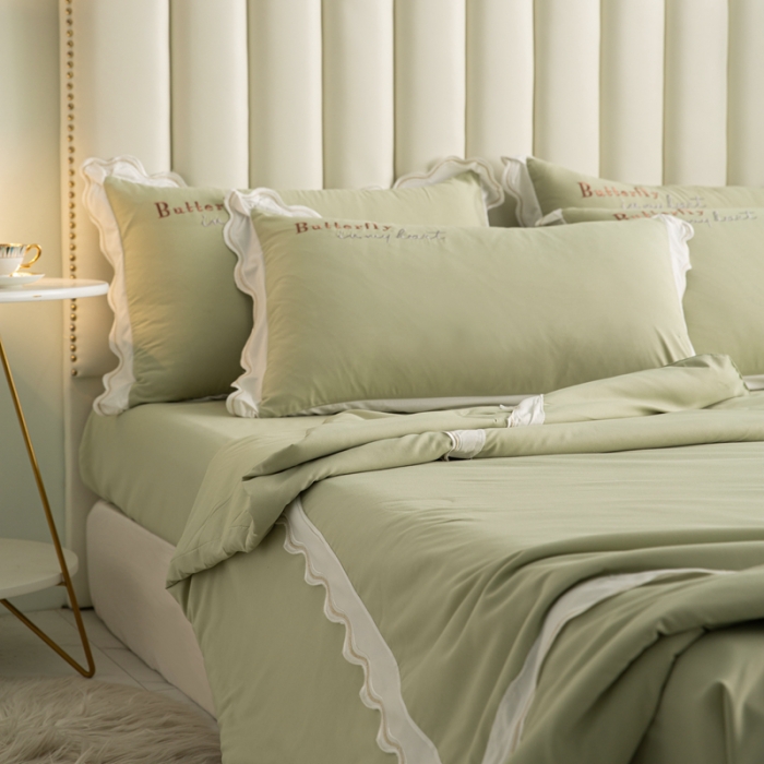 91家纺网 家纺一手货源 找家纺 安妮家居  2021新款法式仙女风水洗刺绣夏被四件套 清新绿