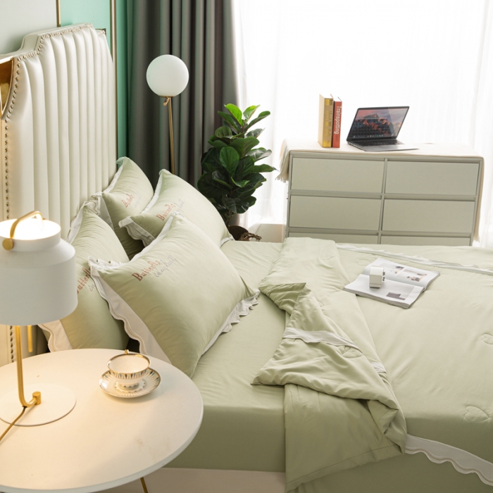 91家纺网 家纺一手货源 找家纺 安妮家居  2021新款法式仙女风水洗刺绣夏被四件套 清新绿