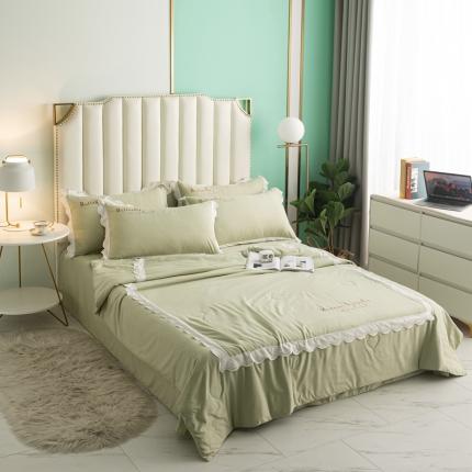 安妮家居  2021新款法式仙女风水洗刺绣夏被四件套 清新绿