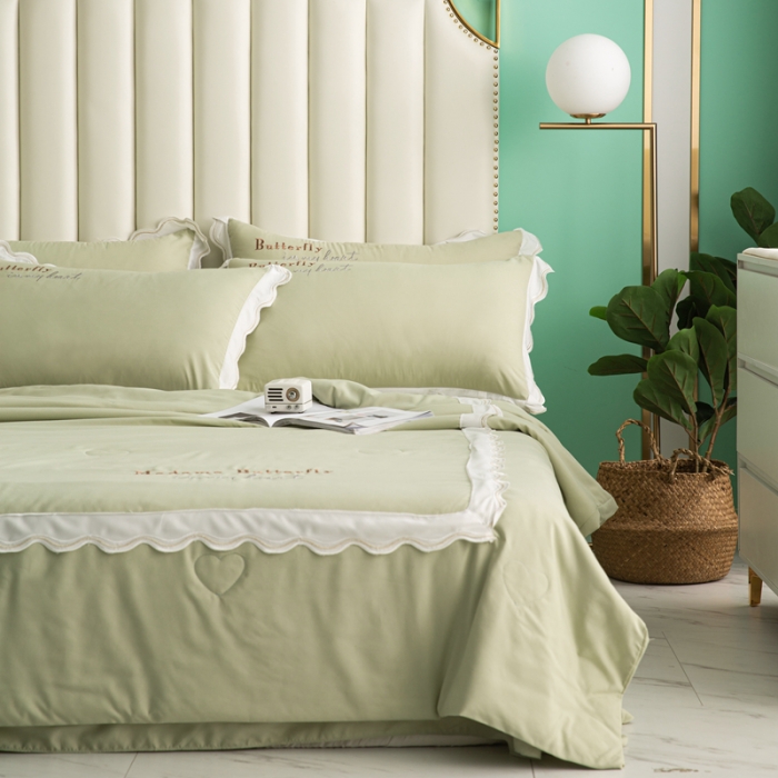 91家纺网 家纺一手货源 找家纺 安妮家居  2021新款法式仙女风水洗刺绣夏被四件套 清新绿